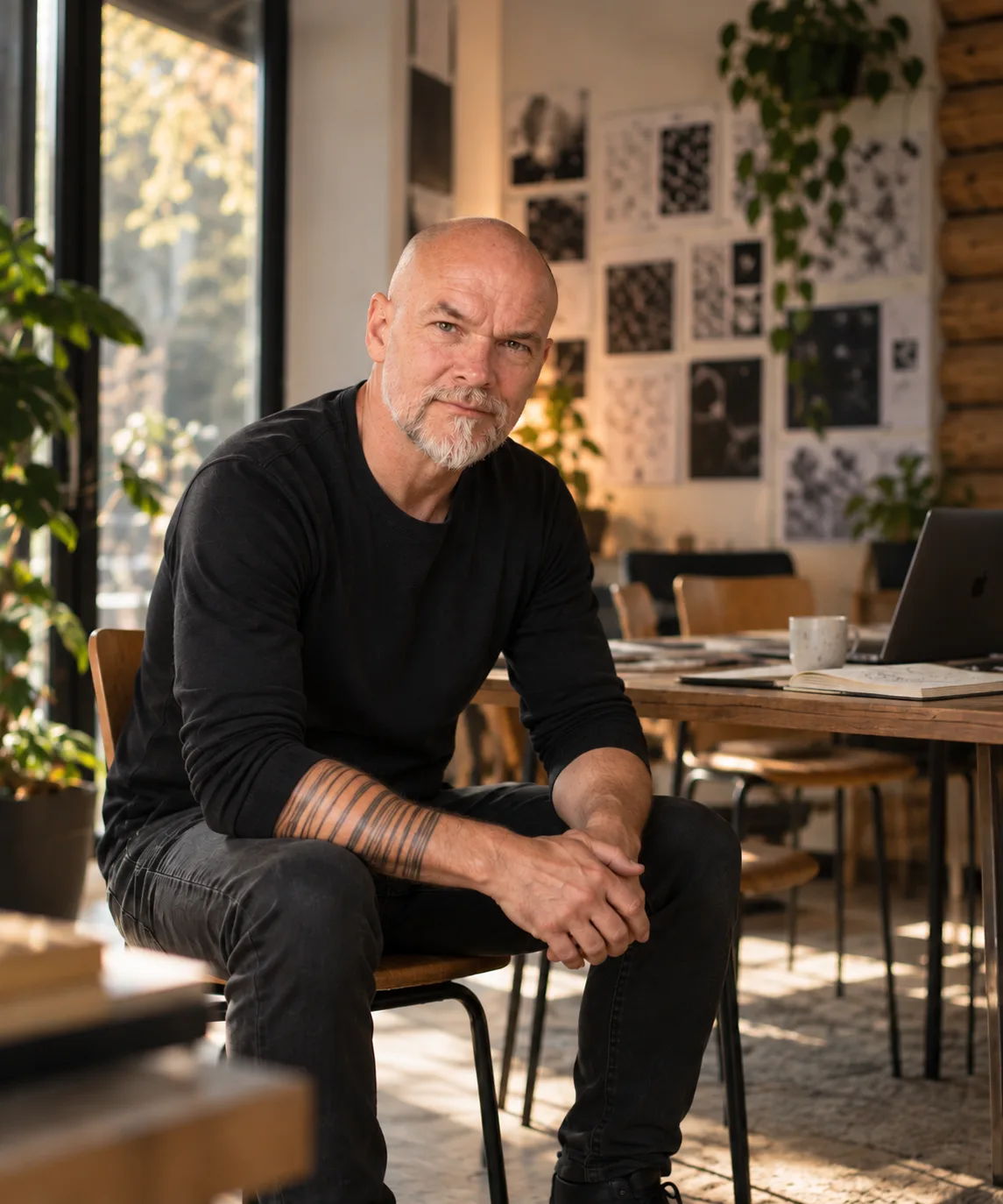 Jeroen Cuypers aan tafel in een lichte werkplaats, met prints aan de muur en een laptop op tafel.